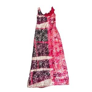 VTG Save The Queen Maxi Dress Pink Purple Lace Crochet Sheer Art Wear M L 8